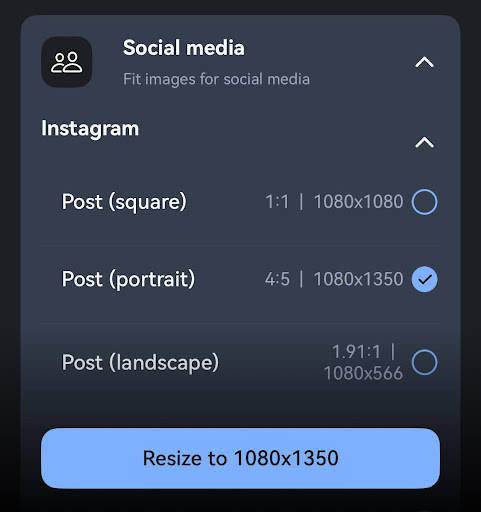 Social media settings in Photo & Picture Resizer app, with the Instagram portrait format (1080 x 1350) selected